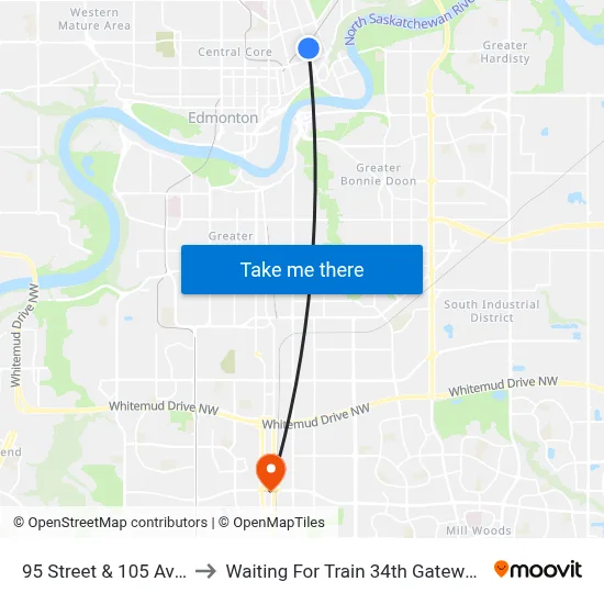 95 Street & 105 Avenue to Waiting For Train 34th Gateway Blvd. map