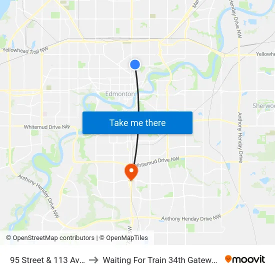 95 Street & 113 Avenue to Waiting For Train 34th Gateway Blvd. map