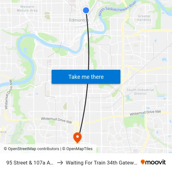 95 Street & 107a Avenue to Waiting For Train 34th Gateway Blvd. map