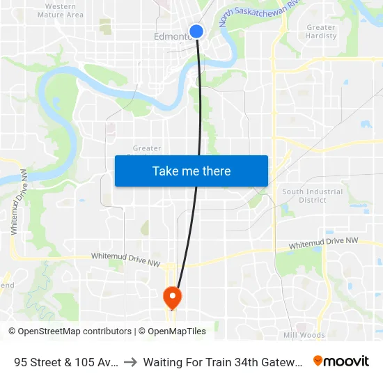 95 Street & 105 Avenue to Waiting For Train 34th Gateway Blvd. map