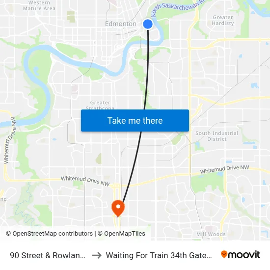90 Street & Rowland Road to Waiting For Train 34th Gateway Blvd. map