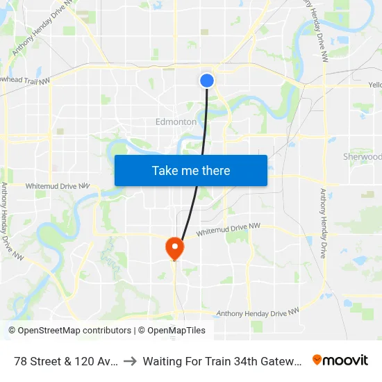 78 Street & 120 Avenue to Waiting For Train 34th Gateway Blvd. map