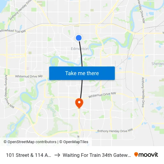 101 Street & 114 Avenue to Waiting For Train 34th Gateway Blvd. map