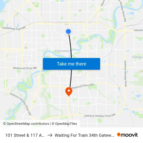 101 Street & 117 Avenue to Waiting For Train 34th Gateway Blvd. map