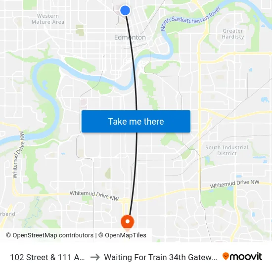 102 Street & 111 Avenue to Waiting For Train 34th Gateway Blvd. map