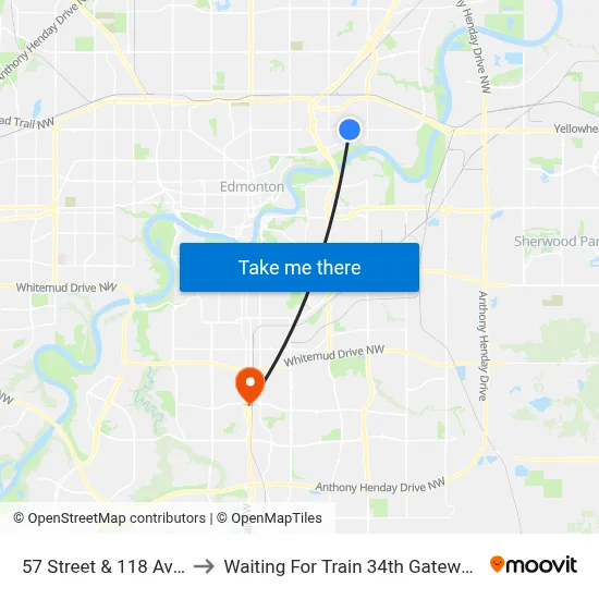 57 Street & 118 Avenue to Waiting For Train 34th Gateway Blvd. map