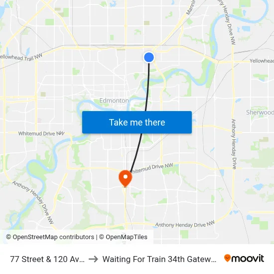 77 Street & 120 Avenue to Waiting For Train 34th Gateway Blvd. map