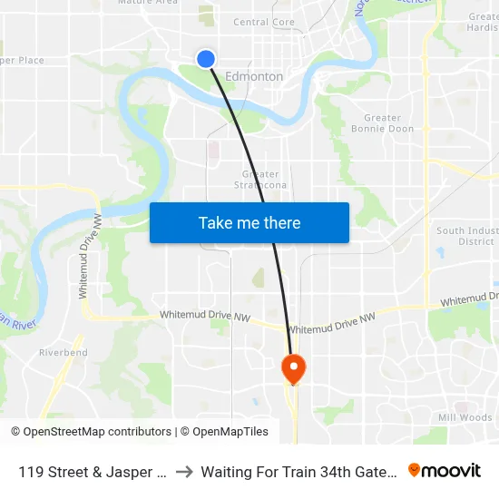 119 Street & Jasper Avenue to Waiting For Train 34th Gateway Blvd. map