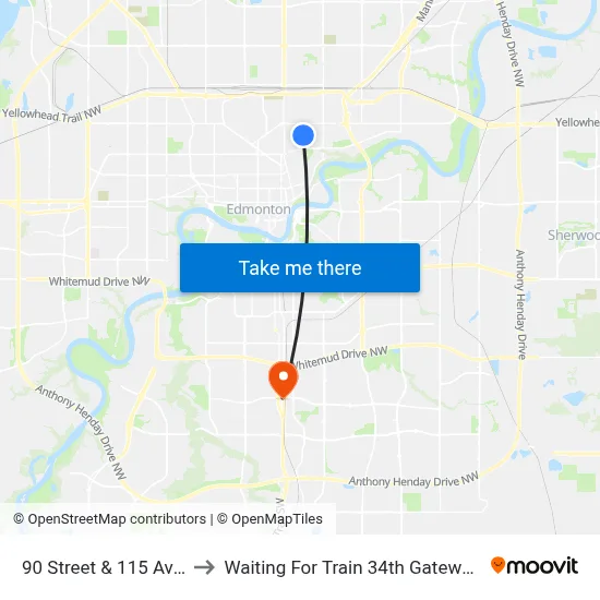 90 Street & 115 Avenue to Waiting For Train 34th Gateway Blvd. map