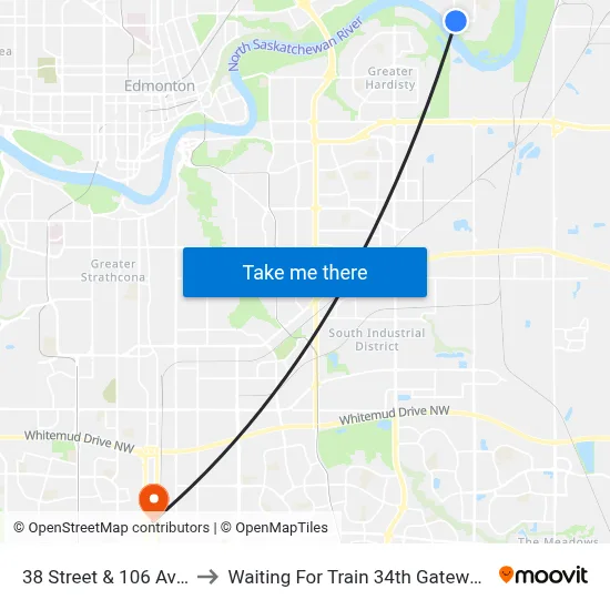38 Street & 106 Avenue to Waiting For Train 34th Gateway Blvd. map