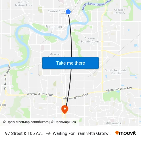 97 Street & 105 Avenue to Waiting For Train 34th Gateway Blvd. map