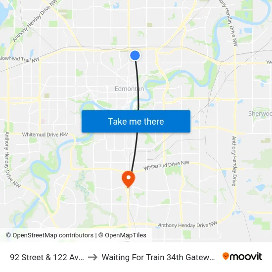 92 Street & 122 Avenue to Waiting For Train 34th Gateway Blvd. map