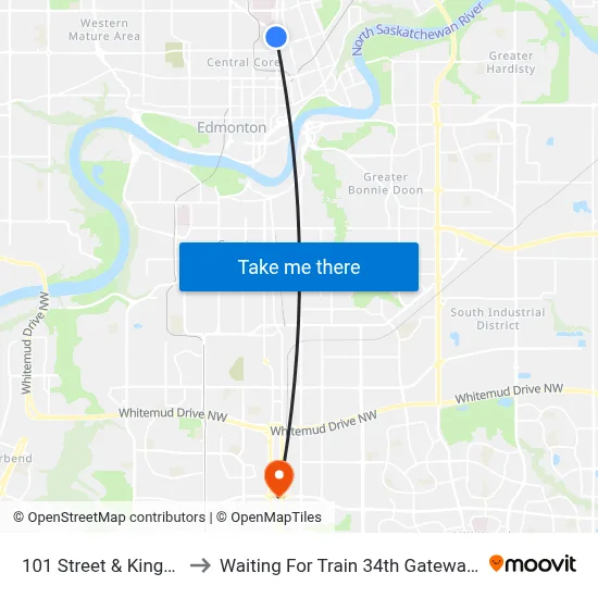 101 Street & Kingsway to Waiting For Train 34th Gateway Blvd. map