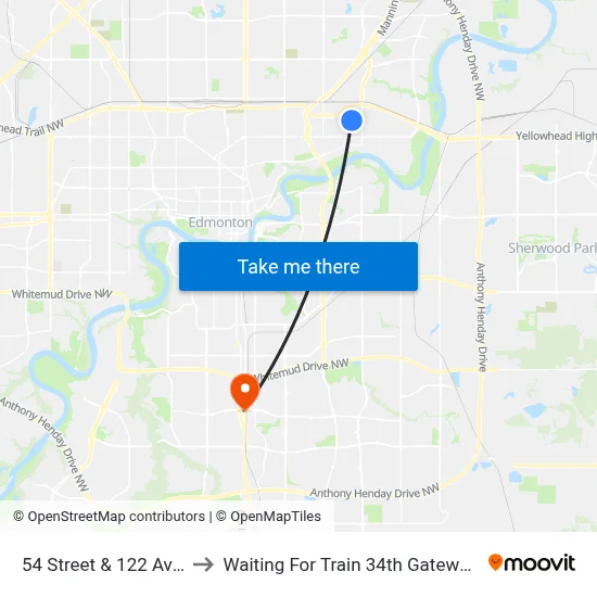 54 Street & 122 Avenue to Waiting For Train 34th Gateway Blvd. map