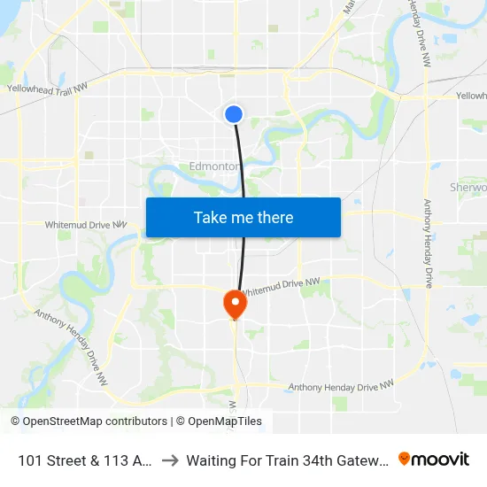 101 Street & 113 Avenue to Waiting For Train 34th Gateway Blvd. map