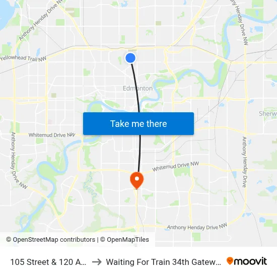 105 Street & 120 Avenue to Waiting For Train 34th Gateway Blvd. map