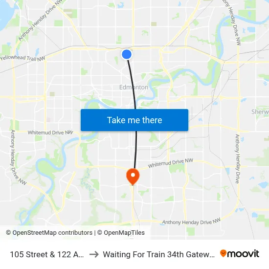 105 Street & 122 Avenue to Waiting For Train 34th Gateway Blvd. map