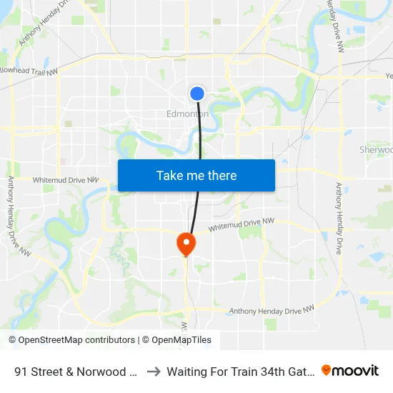 91 Street & Norwood Boulevard to Waiting For Train 34th Gateway Blvd. map