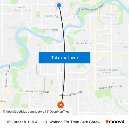 102 Street & 110 Avenue to Waiting For Train 34th Gateway Blvd. map