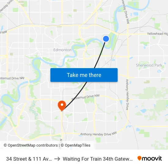 34 Street & 111 Avenue to Waiting For Train 34th Gateway Blvd. map