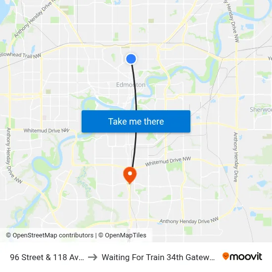 96 Street & 118 Avenue to Waiting For Train 34th Gateway Blvd. map