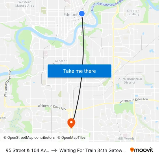 95 Street & 104 Avenue to Waiting For Train 34th Gateway Blvd. map