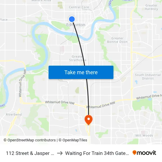 112 Street & Jasper Avenue to Waiting For Train 34th Gateway Blvd. map