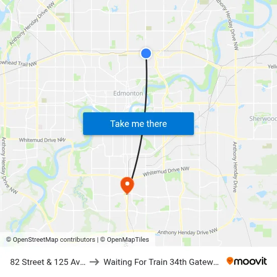 82 Street & 125 Avenue to Waiting For Train 34th Gateway Blvd. map