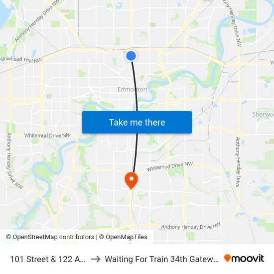 101 Street & 122 Avenue to Waiting For Train 34th Gateway Blvd. map