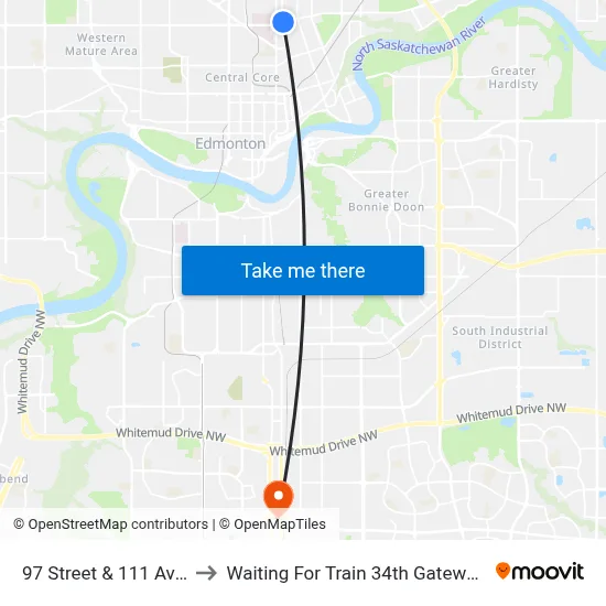 97 Street & 111 Avenue to Waiting For Train 34th Gateway Blvd. map