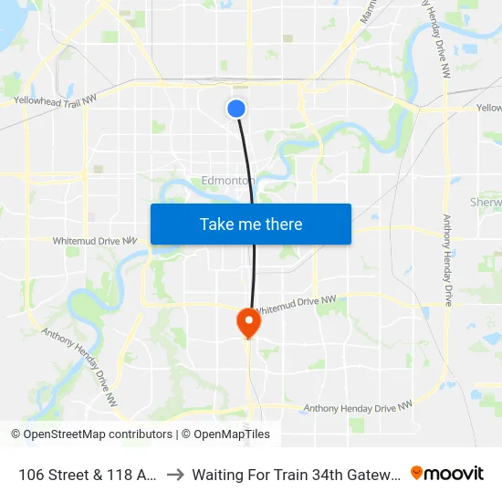 106 Street & 118 Avenue to Waiting For Train 34th Gateway Blvd. map