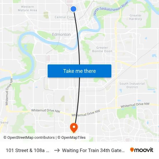 101 Street & 108a Avenue to Waiting For Train 34th Gateway Blvd. map