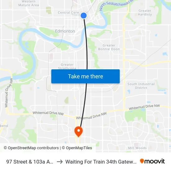 97 Street & 103a Avenue to Waiting For Train 34th Gateway Blvd. map