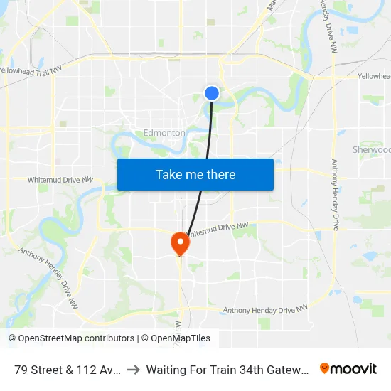 79 Street & 112 Avenue to Waiting For Train 34th Gateway Blvd. map