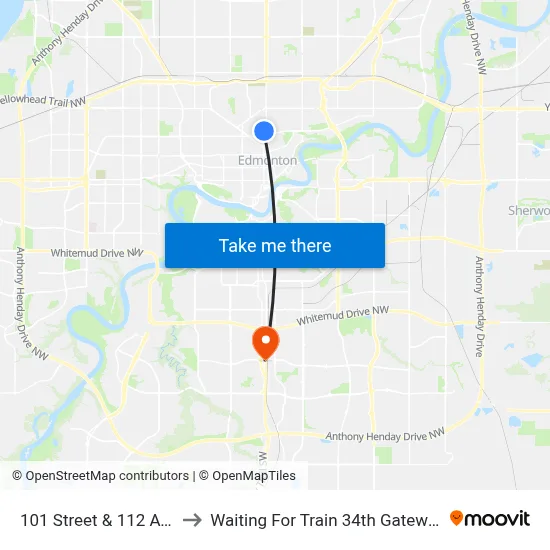 101 Street & 112 Avenue to Waiting For Train 34th Gateway Blvd. map