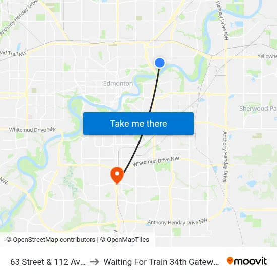 63 Street & 112 Avenue to Waiting For Train 34th Gateway Blvd. map