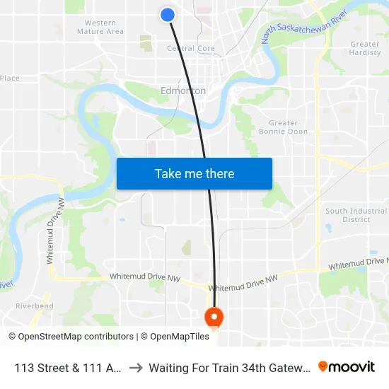 113 Street & 111 Avenue to Waiting For Train 34th Gateway Blvd. map