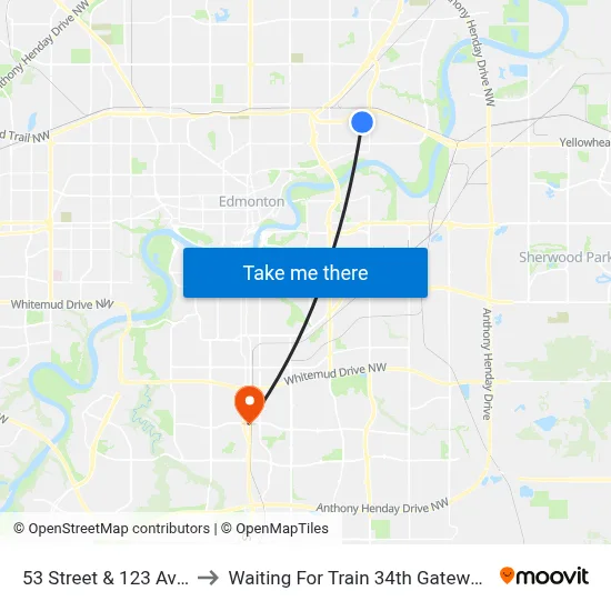 53 Street & 123 Avenue to Waiting For Train 34th Gateway Blvd. map