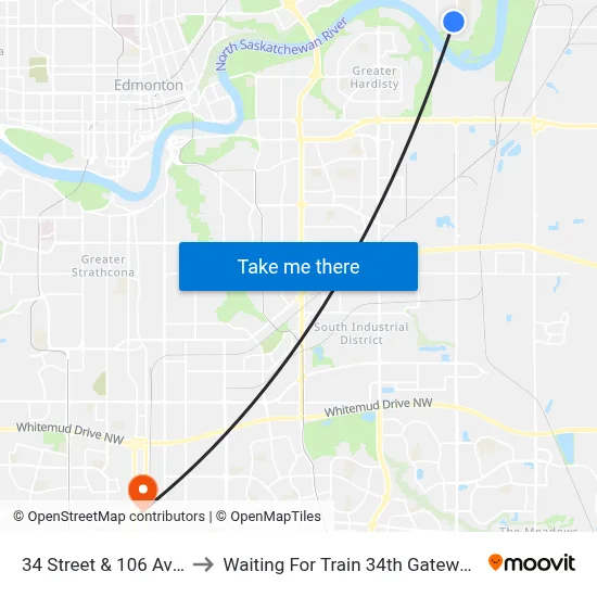 34 Street & 106 Avenue to Waiting For Train 34th Gateway Blvd. map