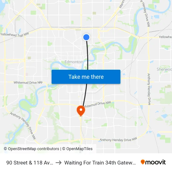 90 Street & 118 Avenue to Waiting For Train 34th Gateway Blvd. map