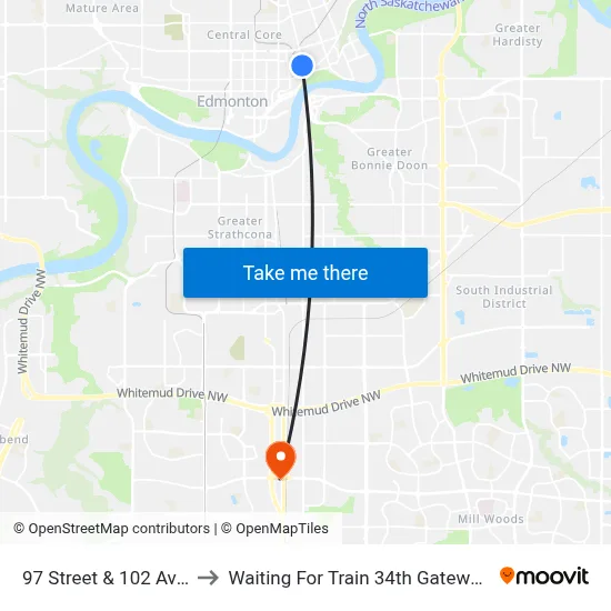 97 Street & 102 Avenue to Waiting For Train 34th Gateway Blvd. map
