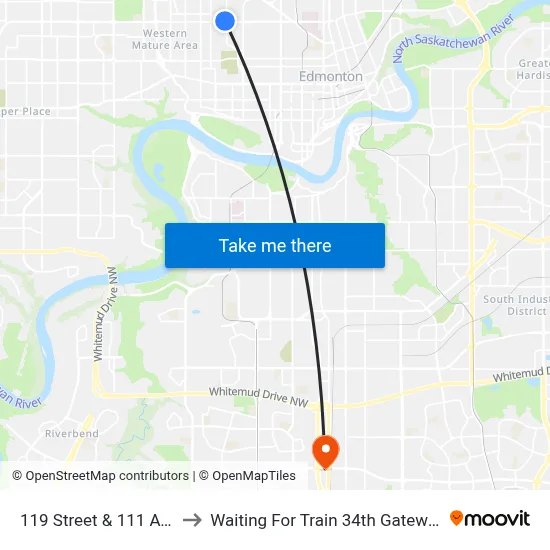 119 Street & 111 Avenue to Waiting For Train 34th Gateway Blvd. map