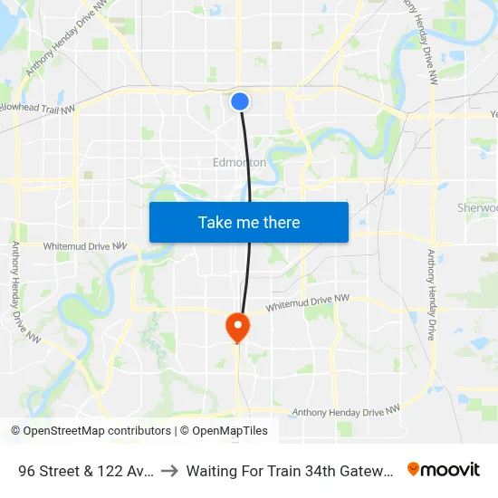 96 Street & 122 Avenue to Waiting For Train 34th Gateway Blvd. map