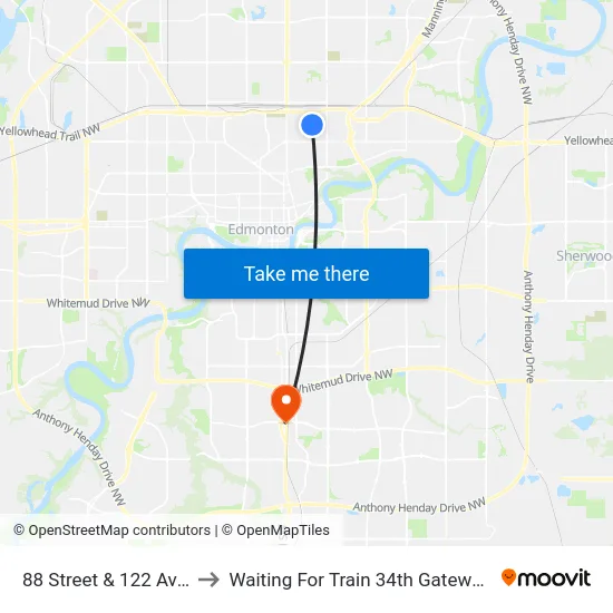 88 Street & 122 Avenue to Waiting For Train 34th Gateway Blvd. map