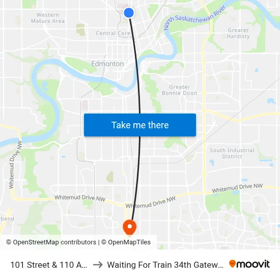 101 Street & 110 Avenue to Waiting For Train 34th Gateway Blvd. map