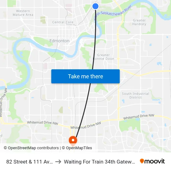 82 Street & 111 Avenue to Waiting For Train 34th Gateway Blvd. map