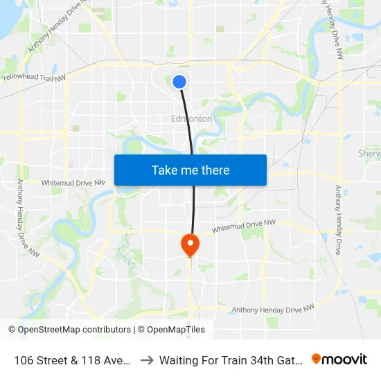 106 Street & 118 Avenue Loop to Waiting For Train 34th Gateway Blvd. map