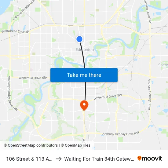 106 Street & 113 Avenue to Waiting For Train 34th Gateway Blvd. map