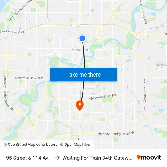 95 Street & 114 Avenue to Waiting For Train 34th Gateway Blvd. map