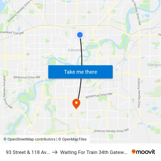 93 Street & 118 Avenue to Waiting For Train 34th Gateway Blvd. map